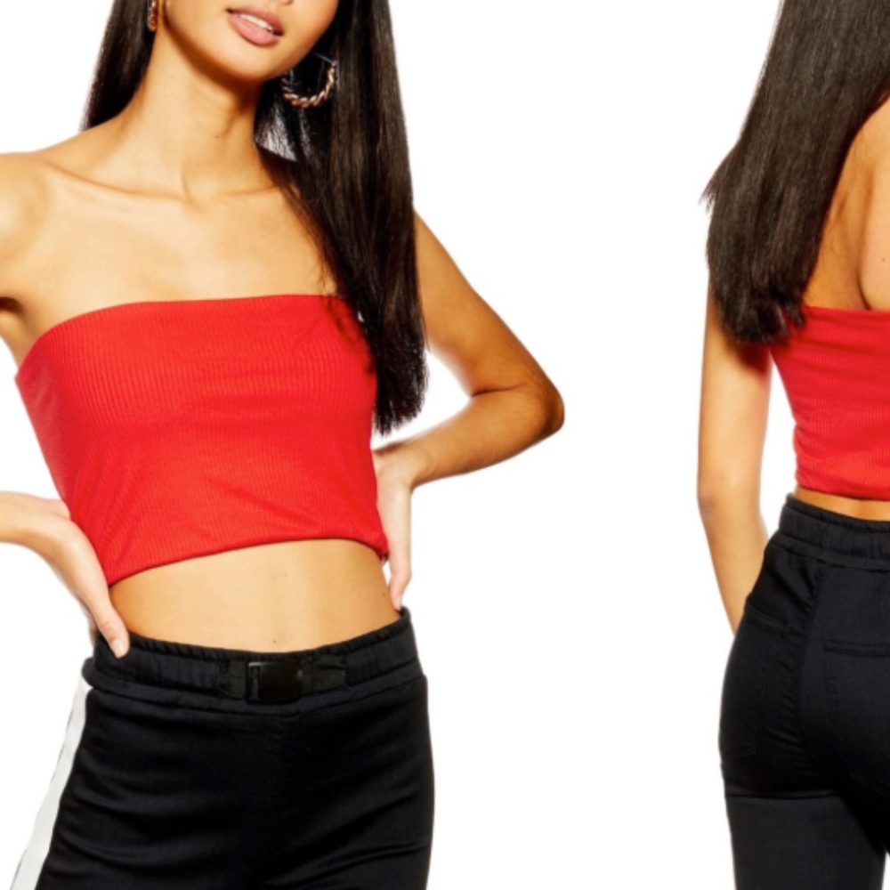 TOPSHOP Red Ribbed Cropped Tube Top - Picture 1 of 6
